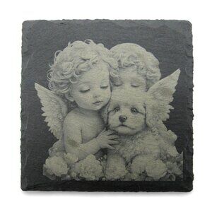 Slate Coasters CELESTIAL HAVEN Set of 4 Cherub Angel and Puppy 4x4"